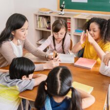 Pupils,Group,Study,With,Teacher,In,Classroom,At,Elementary,School.
